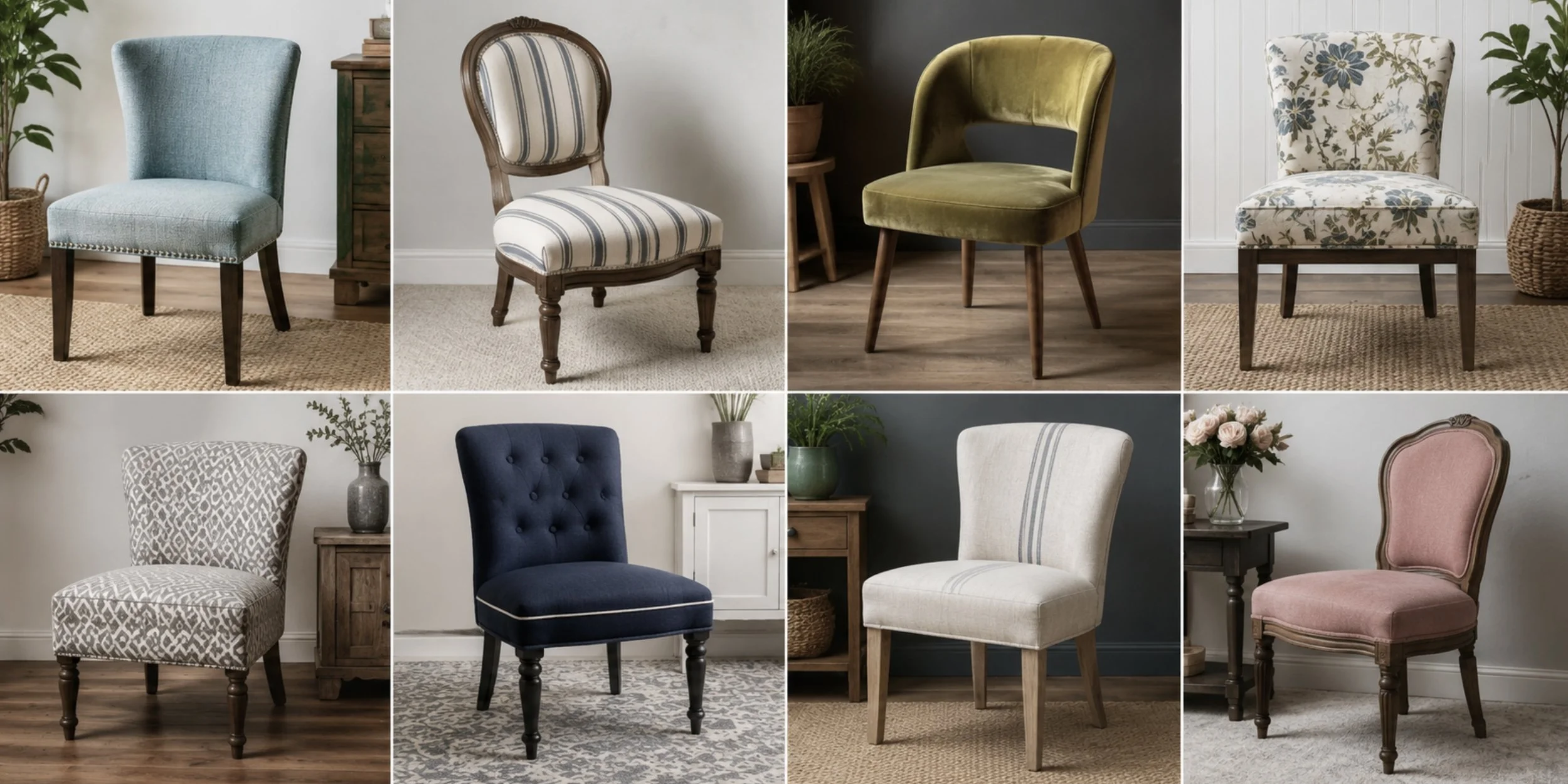 A collage of ten different upholstered chairs with various patterns and colors, placed in indoor settings with wooden or patterned floors and decorated with plants or vases.