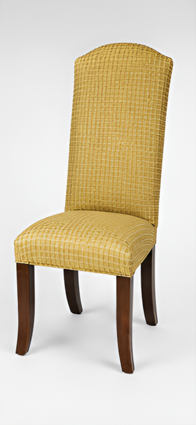 Yellow upholstered dining chair with a high back and dark wooden legs.