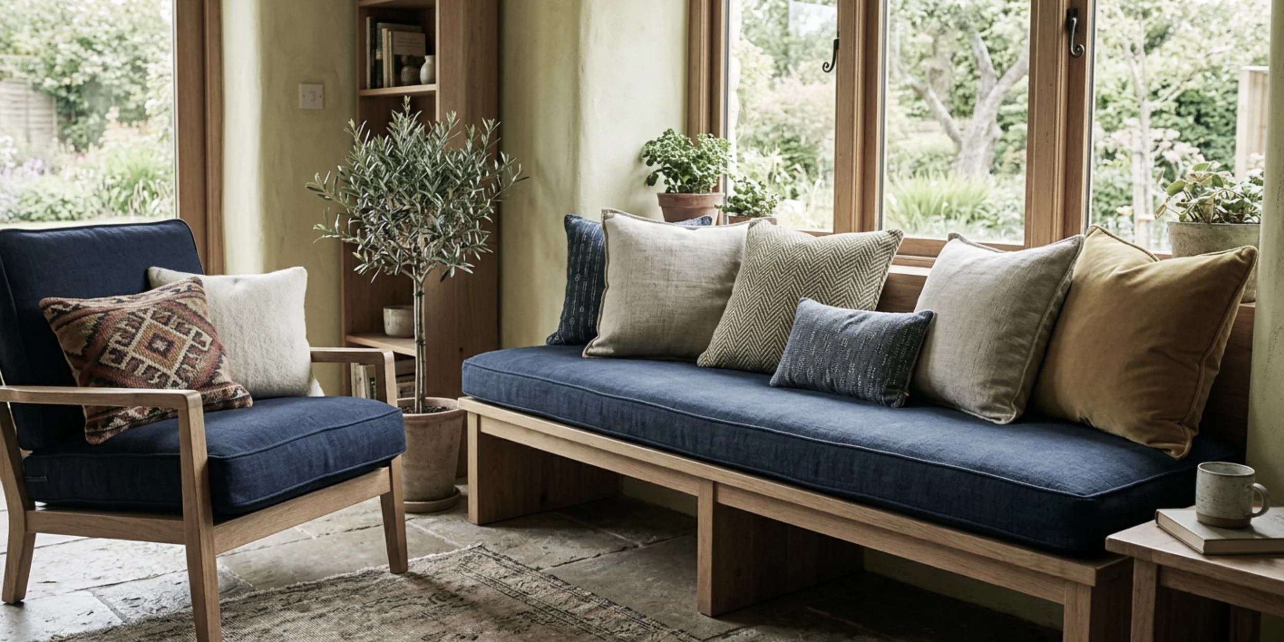 A cozy living room with a wooden-framed sofa and armchair, both with blue cushions and multiple throw pillows, near large windows with a garden view, decorated with potted plants and a bookshelf.
