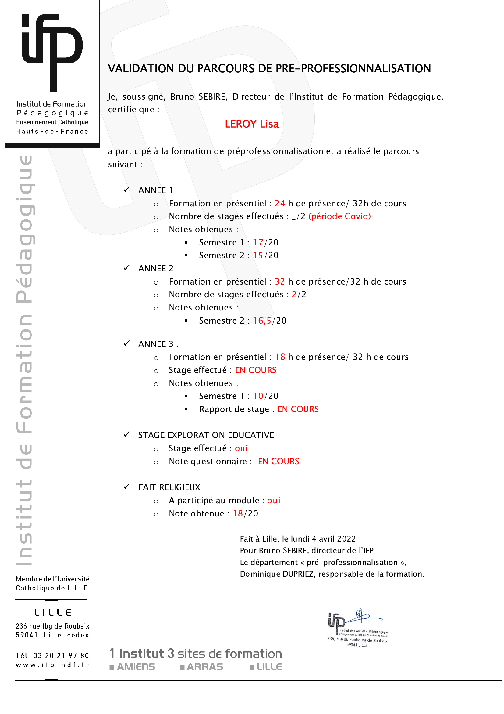 Validation du parcours de pré-professionnalisation à l’Institut de Formation Pédagogique de Lille