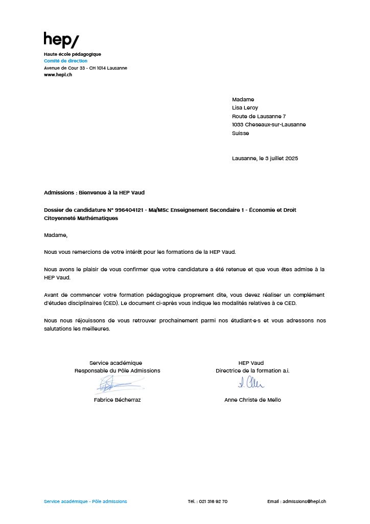 Lettre d’admission à la Haute École Pédagogique du canton de Vaud