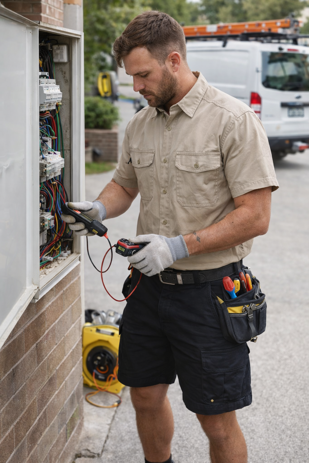 An electrician working on an outdoor electrical panel using tools and a multimeter.