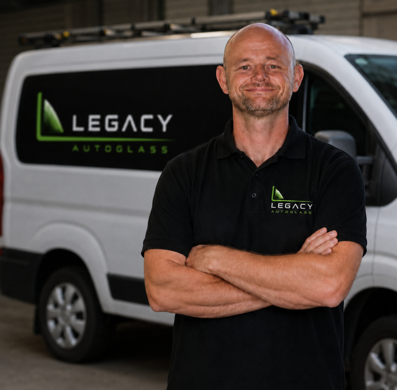 A smiling man with a shaved head and beard standing with arms crossed in front of a white utility van with a "Legacy AutoGlass" logo on its side, in an indoor garage or workshop setting.