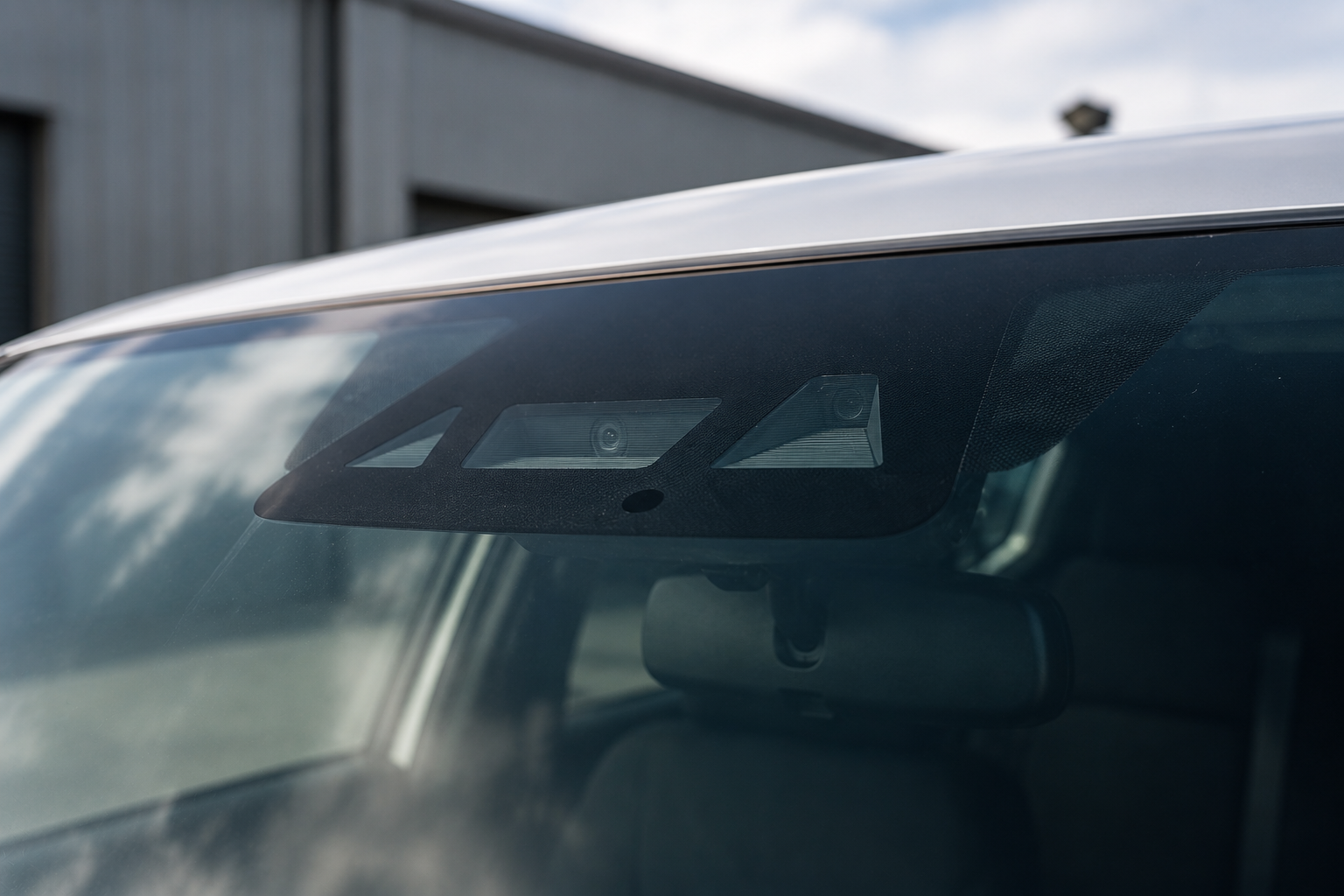 Close-up of a car's windshield with a black sensor module mounted at the top center, containing cameras and sensors, against a background of a warehouse building and partly cloudy sky.