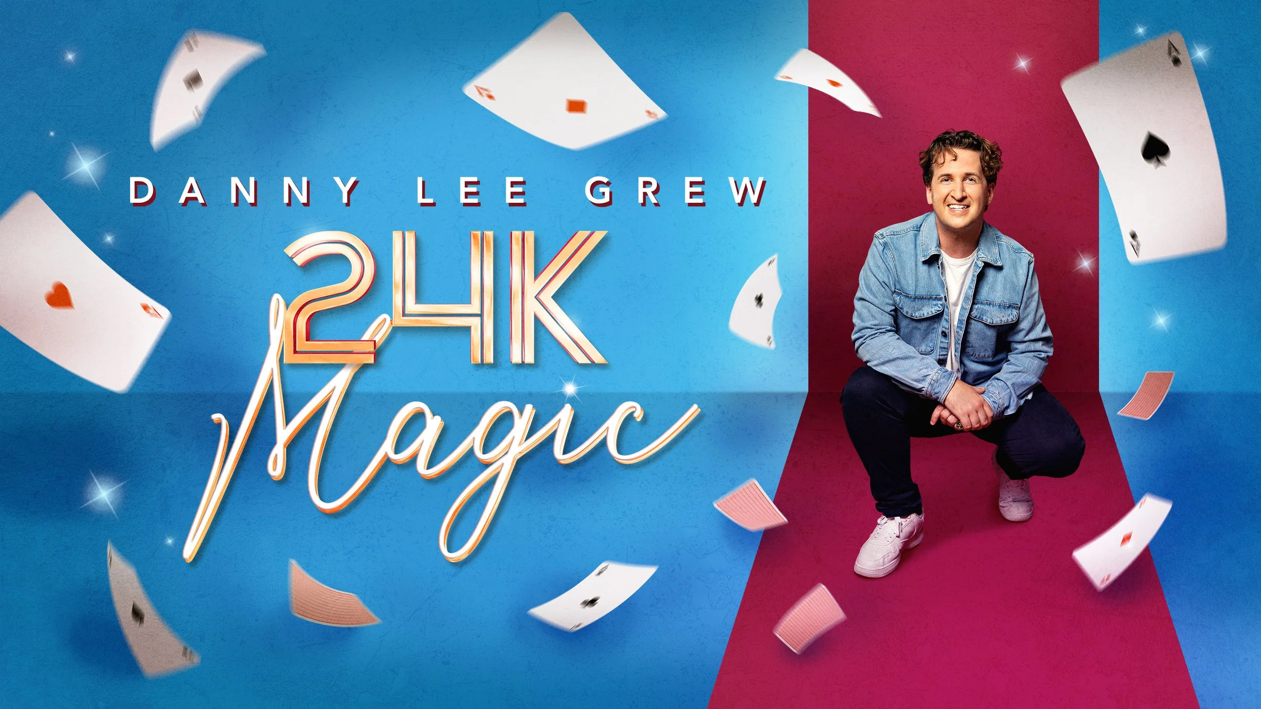 A promotional poster for Danny Lee Grew's comedy show '24K Magic.' It features a smiling man in a denim jacket kneeling on one knee against a pink and blue background, with playing cards and sparkles flying around.