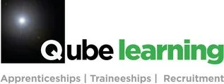 Qube Learning logo with text about apprenticeships, traineeships, and recruitment.