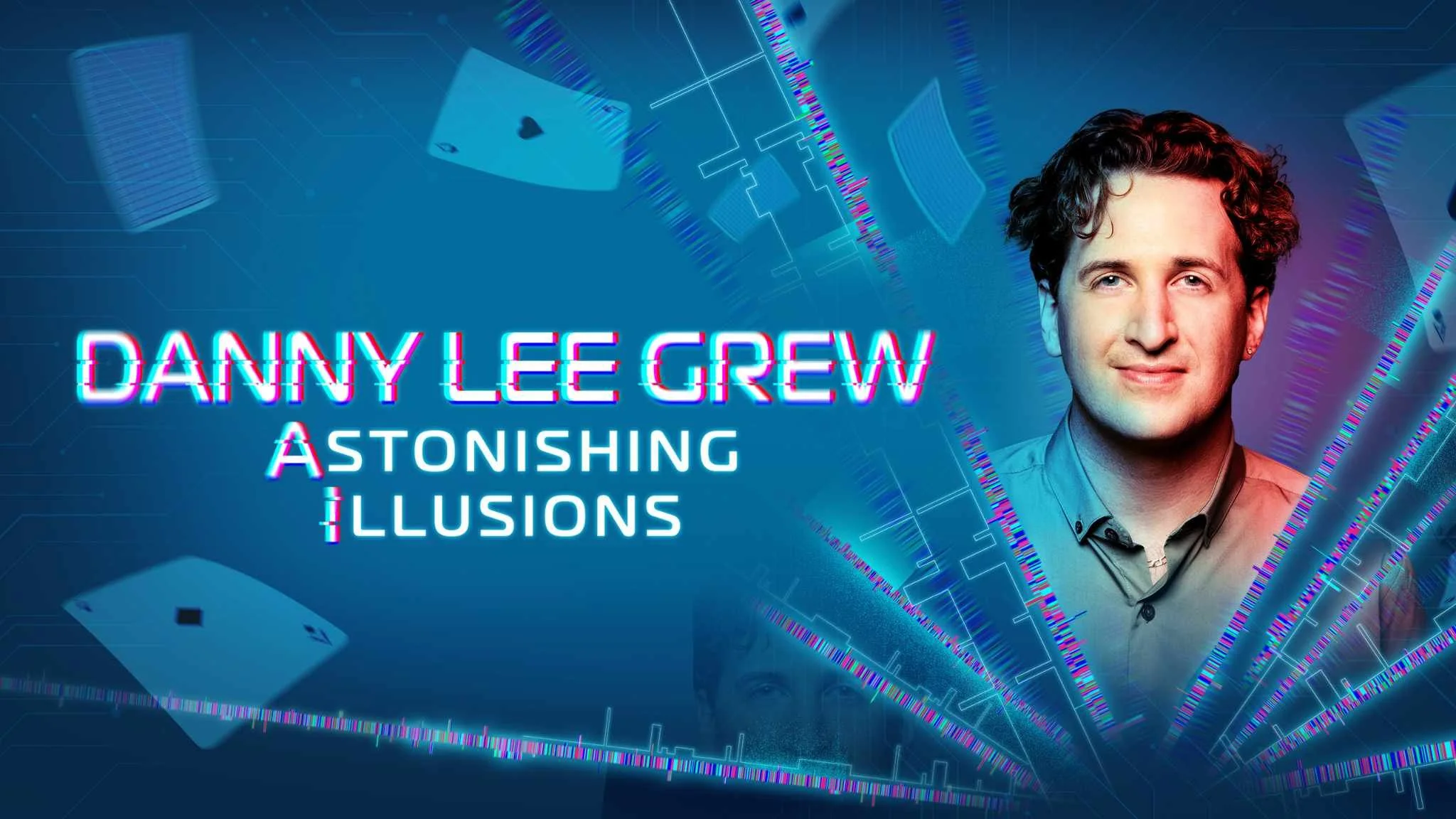 Digital graphic promoting Magic Show by Danny Lee Grew with a portrait of Danny Lee Grew on the right, background of circuit-like patterns, playing cards, and colorful digital effects, with text "Danny Lee Grew: Astonishing Illusions."