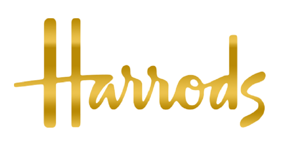 Golden-colored logo with the word "Harrods" written in a cursive font.