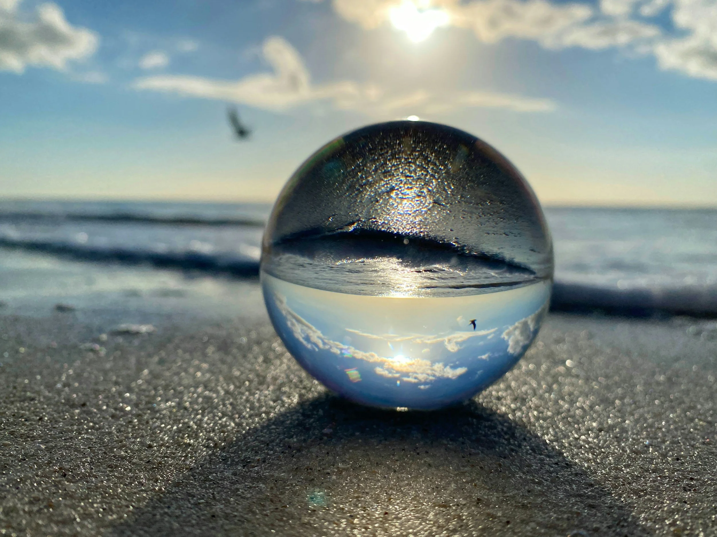 A clear glass sphere on sand at the beach, reflecting the sky, clouds, and the sun with a bird flying overhead.