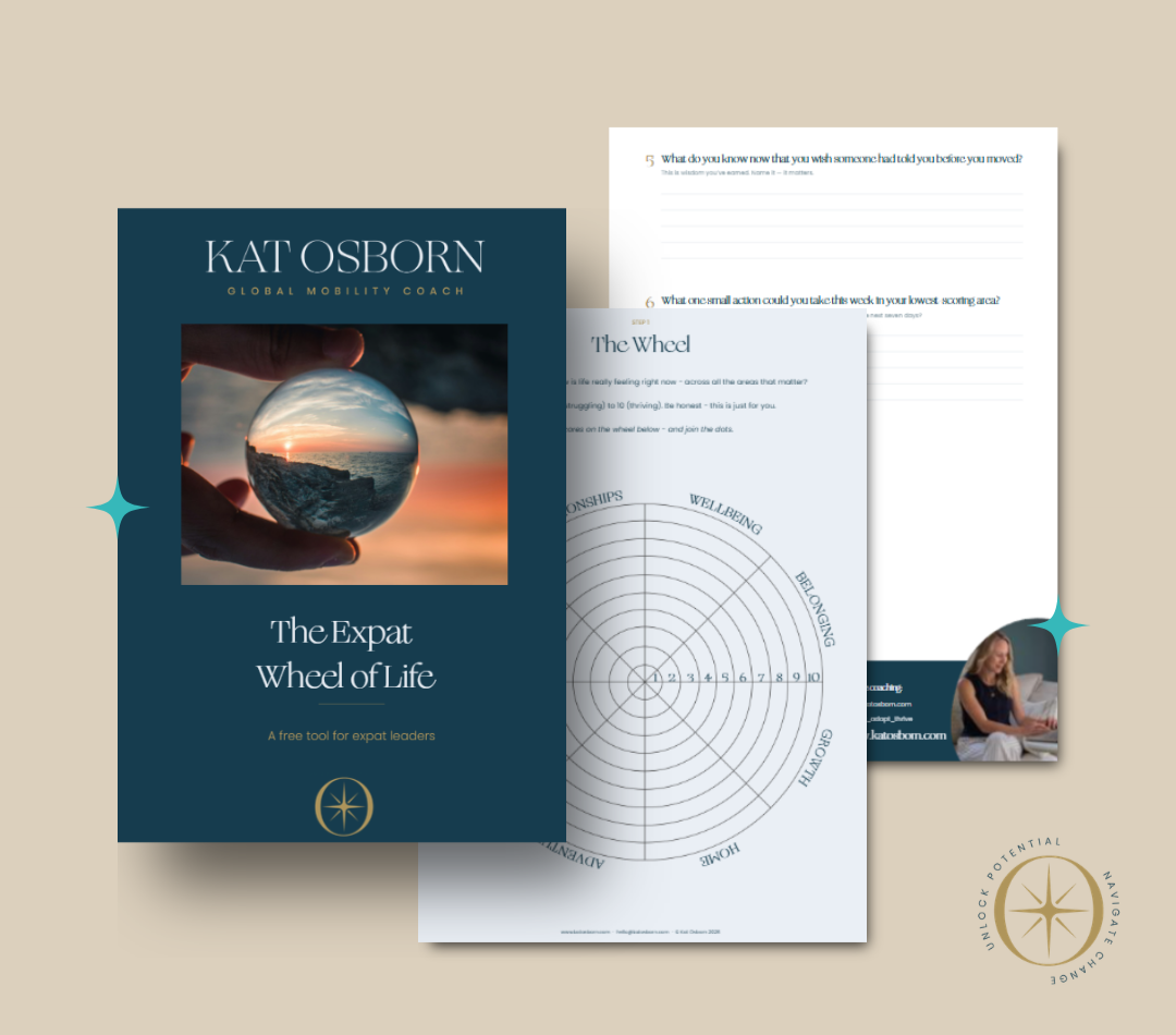 Cover page of a workbook titled "The Expat Wheel of Life" with a photograph of a person holding a glass sphere at sunset, reflecting the sunset over the ocean. The workbook appears to be about personal development for expatriates, featuring worksheets and charts inside.