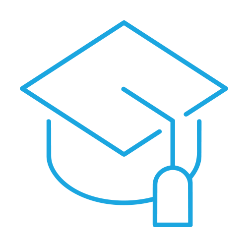 Line art of a graduation cap with a tassel, drawn in blue on a black background.