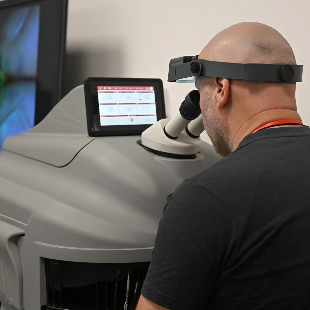 Service engineer carrying out precision optical inspection and digital display calibration