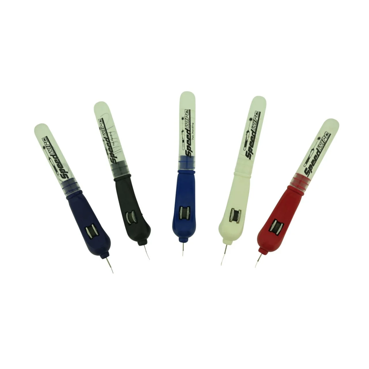 Six sewing machine needles with colored handles in blue, black, dark blue, white, and red, laid out in a row on a white background.