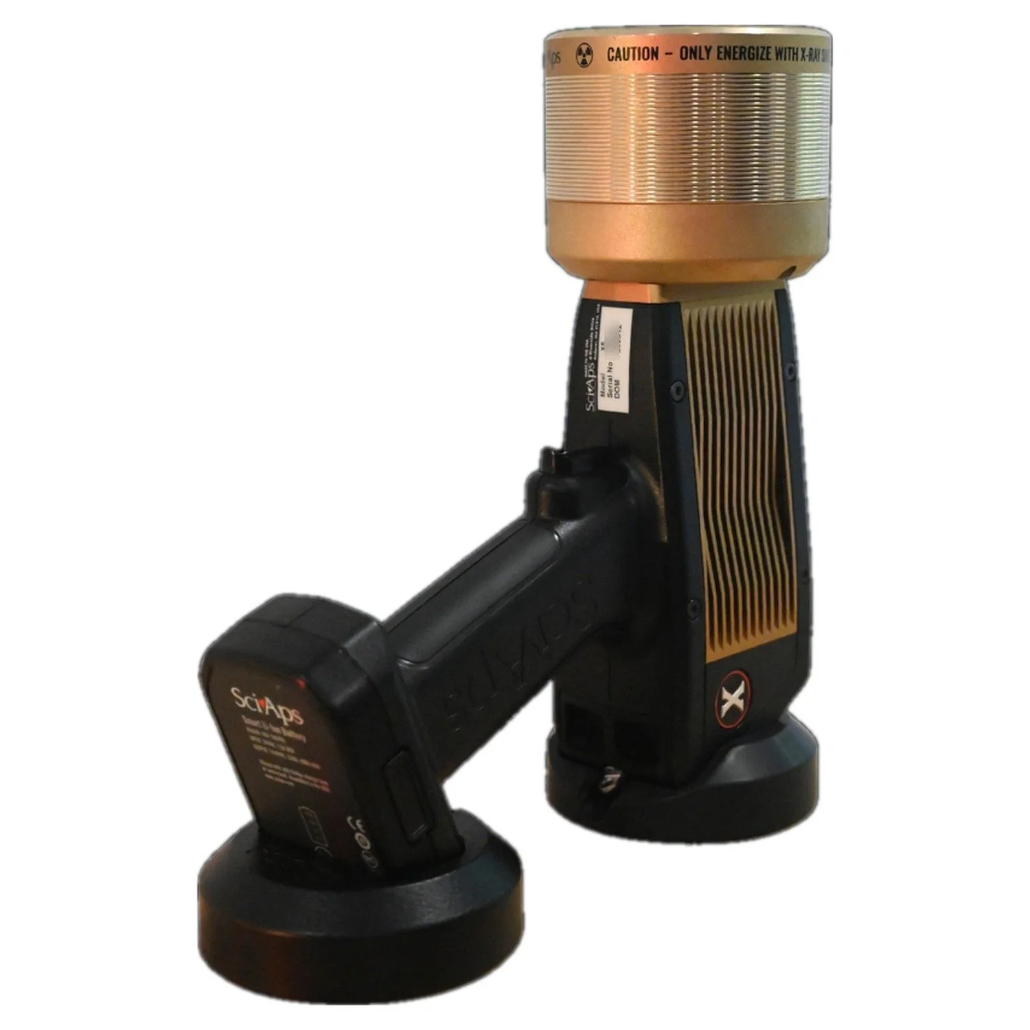 SciAps X-5 handheld XRF analyser standing upright, showing the gold nose cone, cooling fins and battery