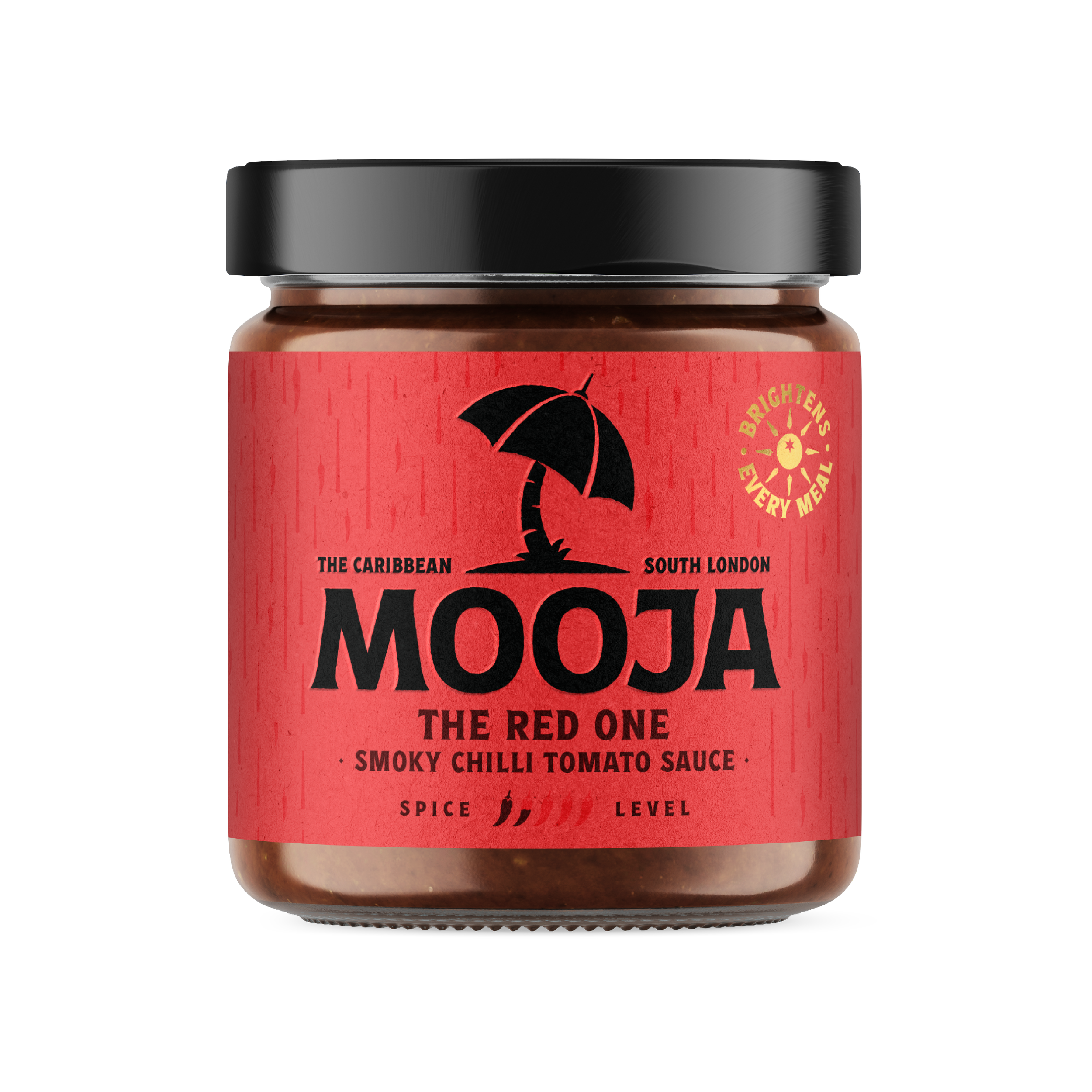 Close-up of a jar with a red label and black lid, featuring a black scorpion graphic and text about spicy smoky flavor.