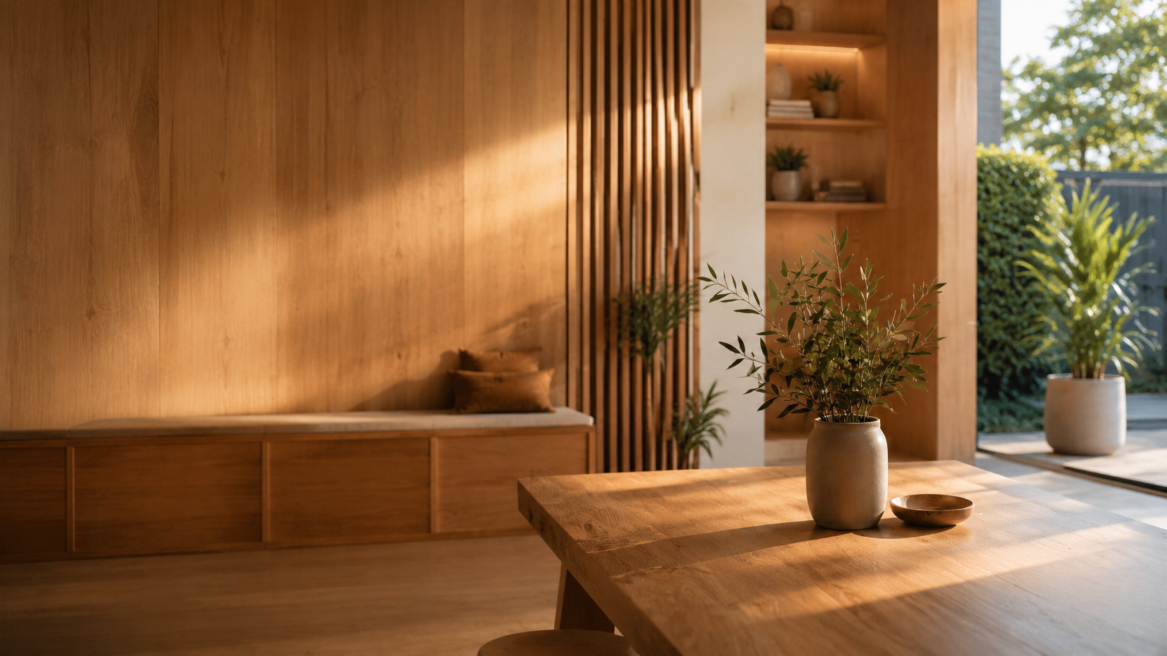 Interior of a room with wooden walls, a wooden table with a potted plant and a bowl, and large windows showing outdoor greenery.
