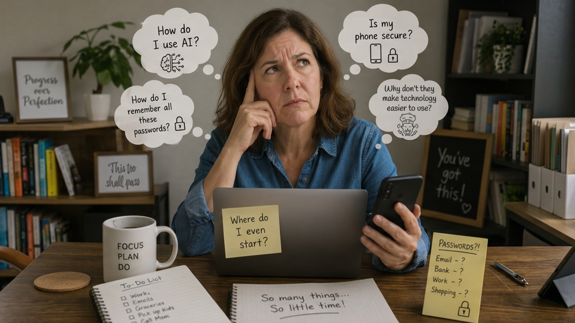 Woman with brown hair in a denim shirt sitting at a desk with a laptop, holding a smartphone, looking confused or thoughtful. Thought bubbles above her head ask about AI, phone security, remembering passwords, and making technology easier. Items on the desk include notebooks, sticky notes with questions about passwords and starting tasks, a mug labeled "Focus Plan Do," and a coffee cup. Books and plants are in the background.