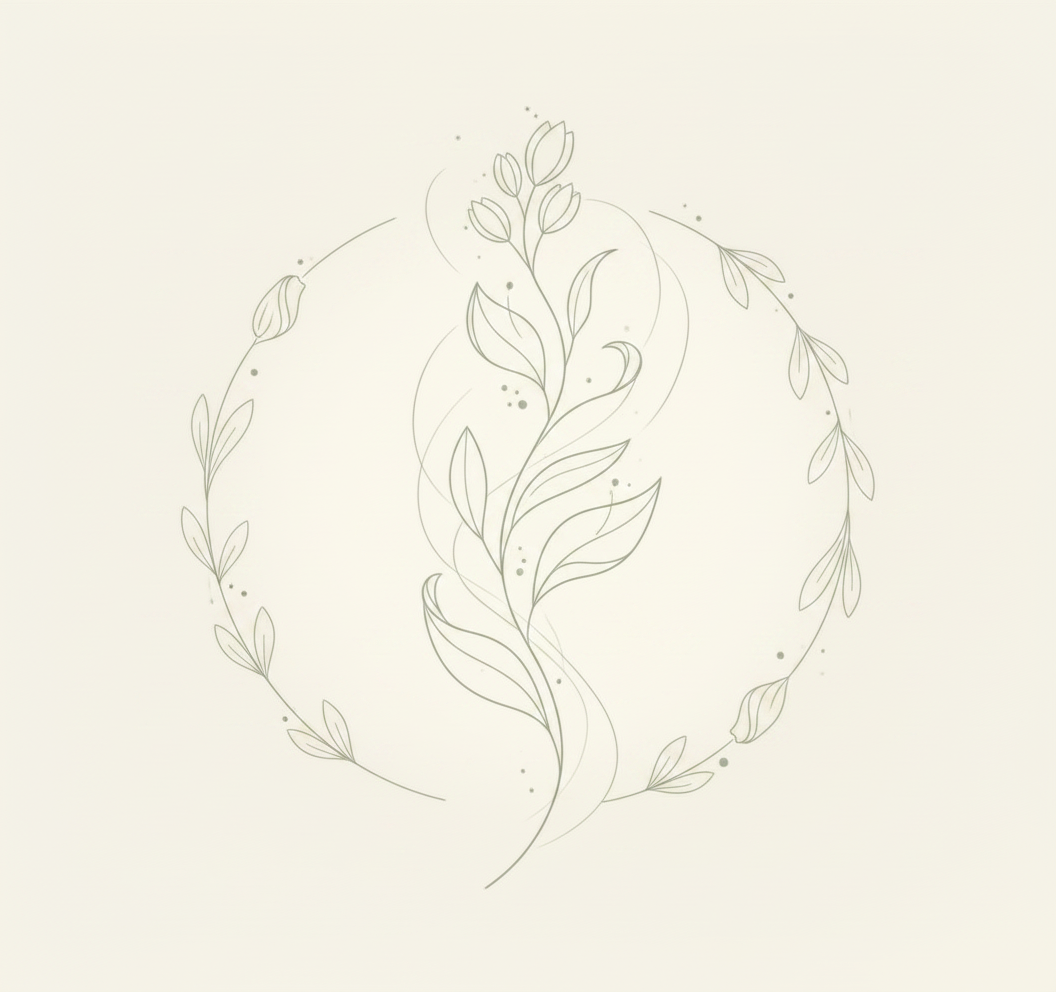 Simple line drawing of a leafy plant surrounded by a circle of more leaves, on a light background.