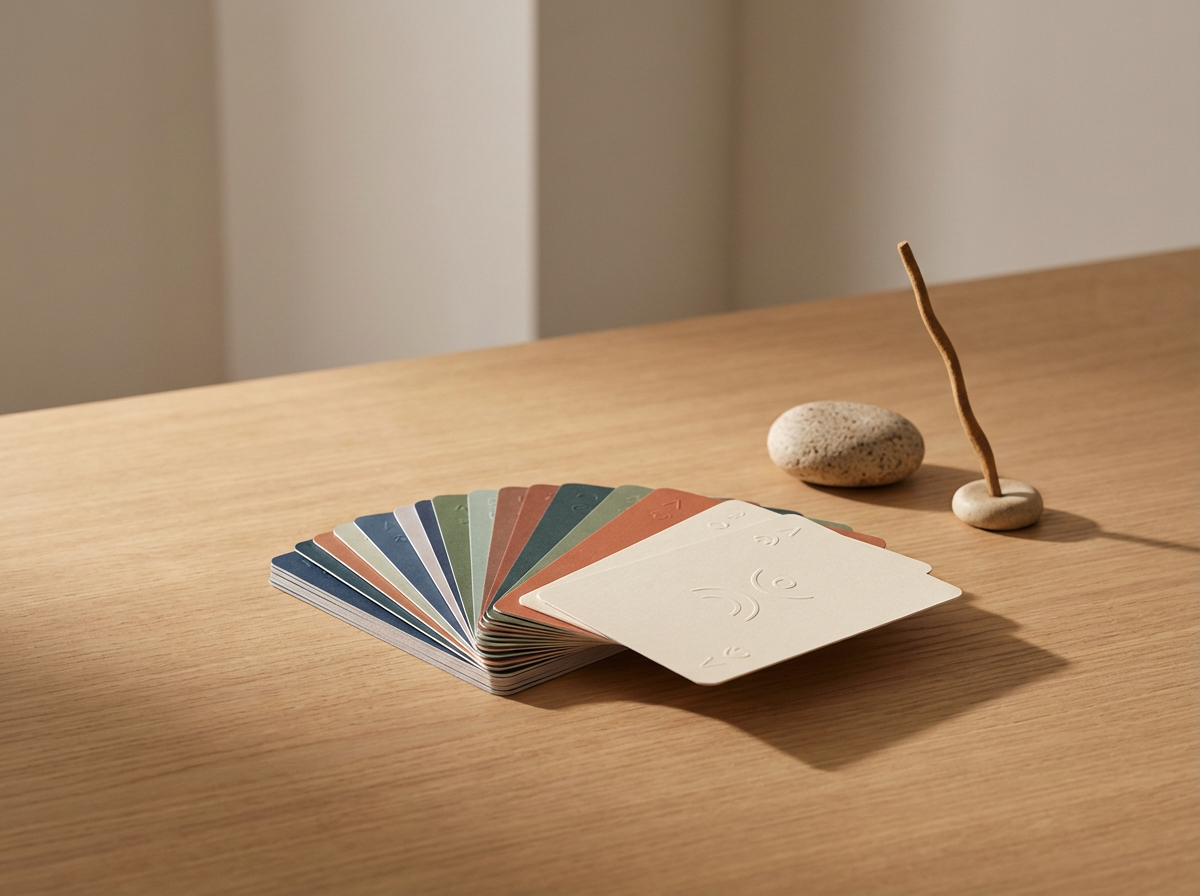 A spread of color swatches or sample cards on a wooden surface with stones and a twig in the background.