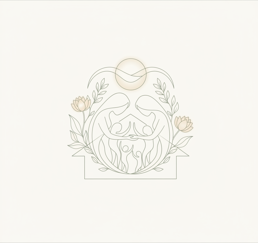 Minimalist line art illustration of two women holding hands inside a heart-shaped frame adorned with flowers and leaves, with a sun or moon above them, set against a light background.