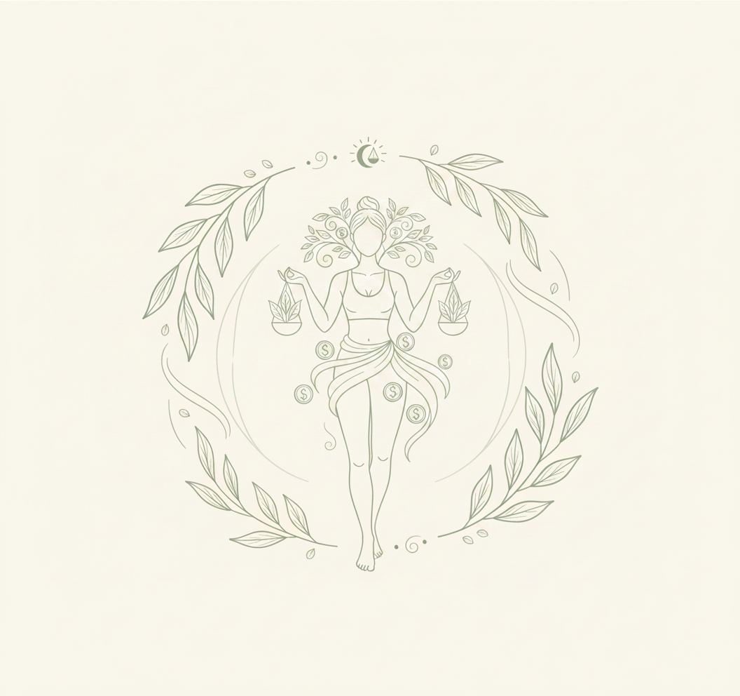 Minimalist line drawing of a woman with plants for hair, holding potted plants in both hands, surrounded by leafy branches, crescent moon, and sun symbols.