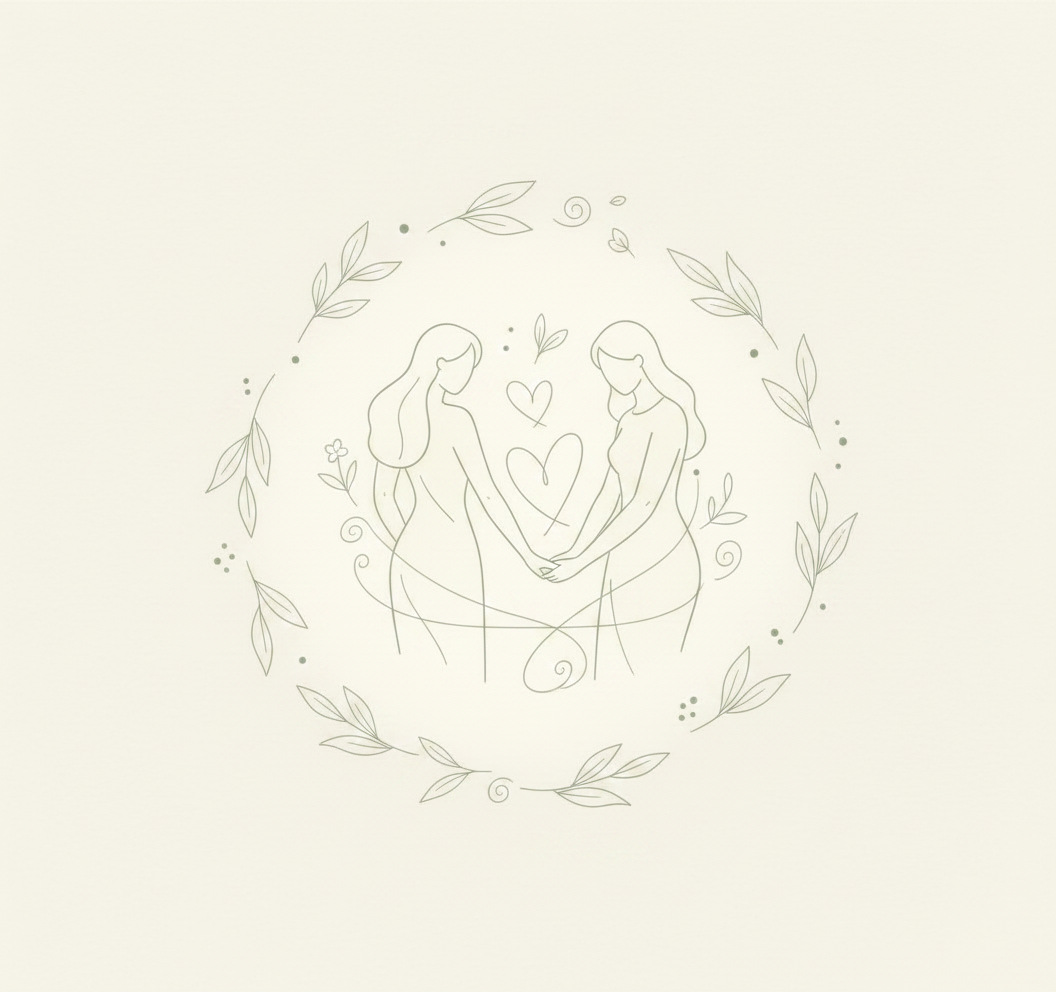 A minimalist line drawing of two women holding hands, surrounded by a wreath of leaves and small decorative elements.