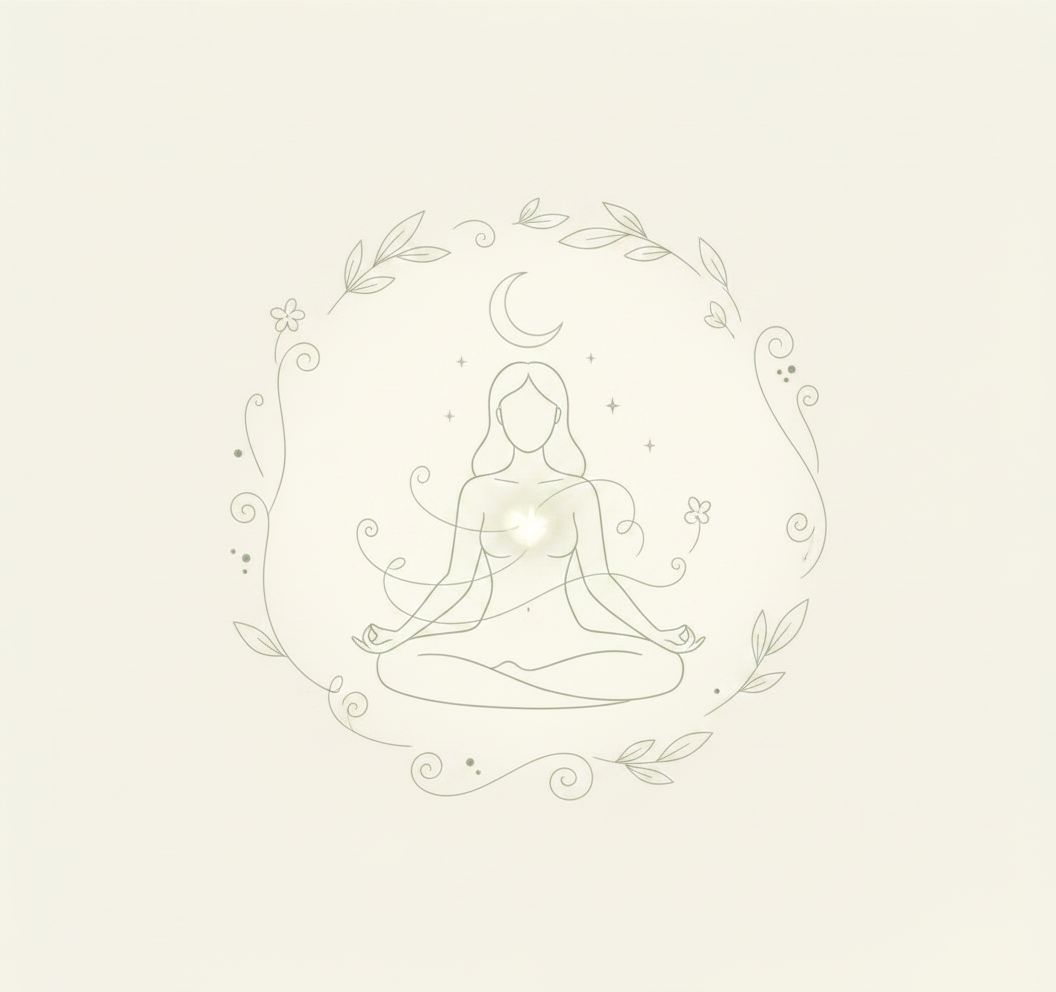 Minimalist line drawing of a person meditating in a lotus position, surrounded by a wreath of leaves and flowers, with a crescent moon and stars above.