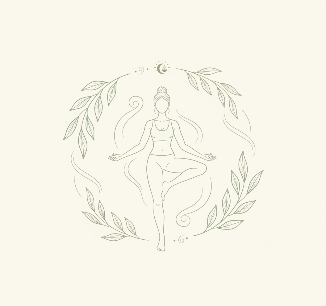 Line drawing of a woman practicing yoga in a tree pose, surrounded by leaves and celestial symbols.