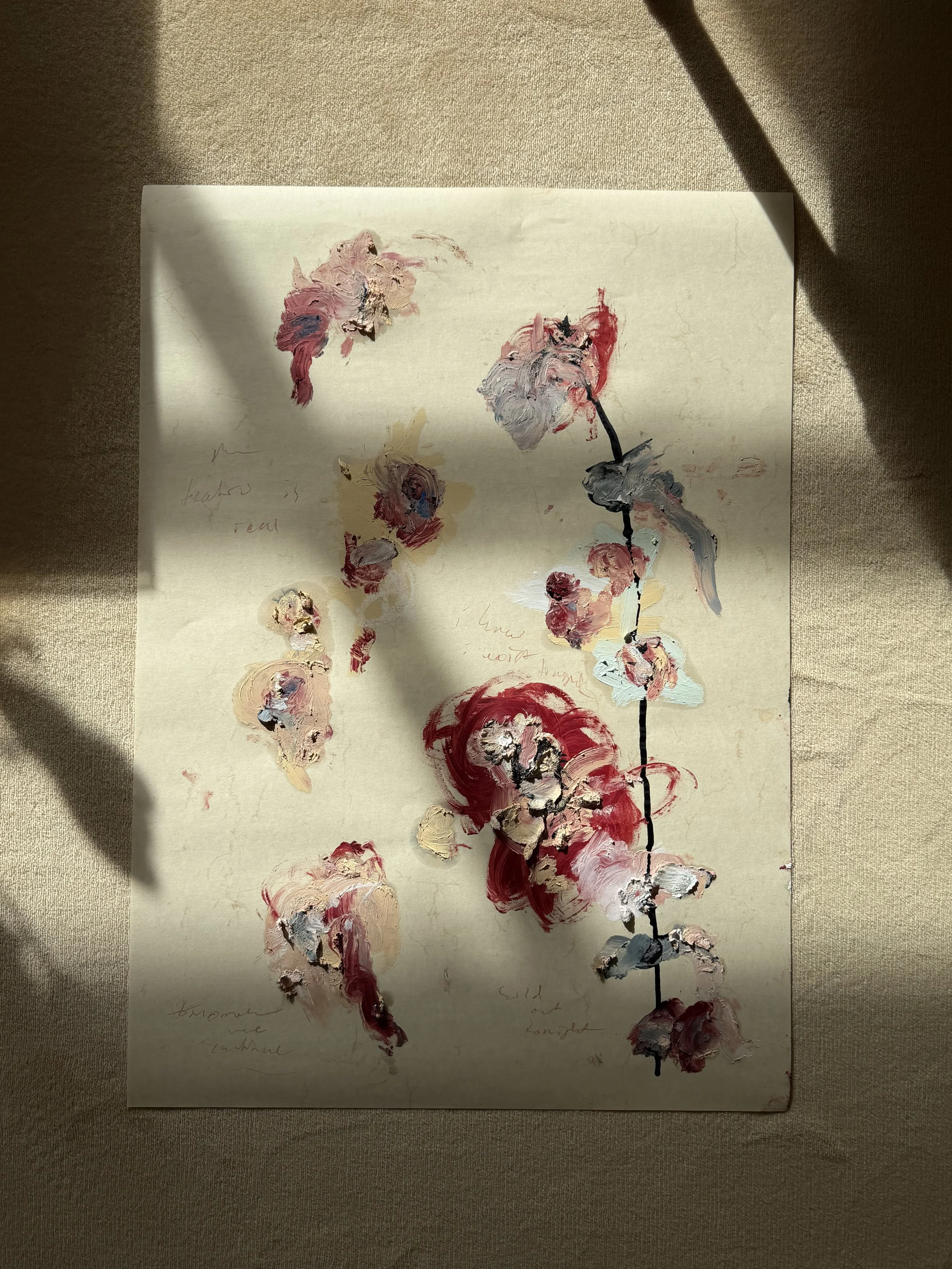 An abstract painting of pink and beige flowers with a single black stem, created with thick, textured brushstrokes on off-white paper. Handwritten notes are visible in the lower part of the paper.