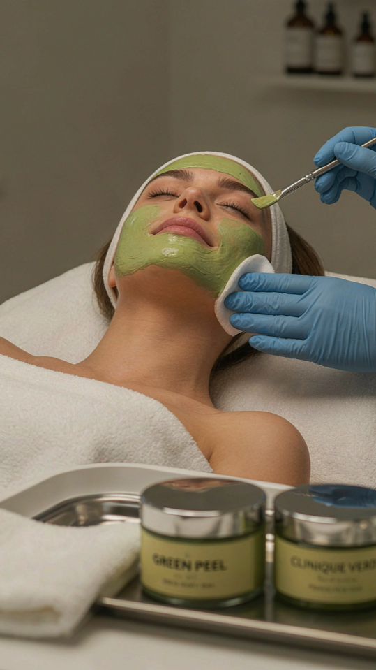 A woman is receiving a facial treatment with a green peel mask applied on her face at a spa or clinic. She is lying down with her eyes closed, and a skincare professional wearing blue gloves is using a brush to apply the mask.