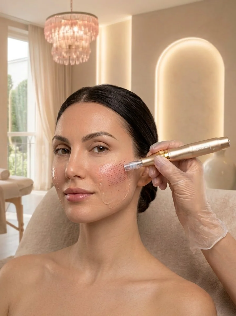 A woman receiving a facial treatment with a microdermabrasion device in a spa or skincare clinic.