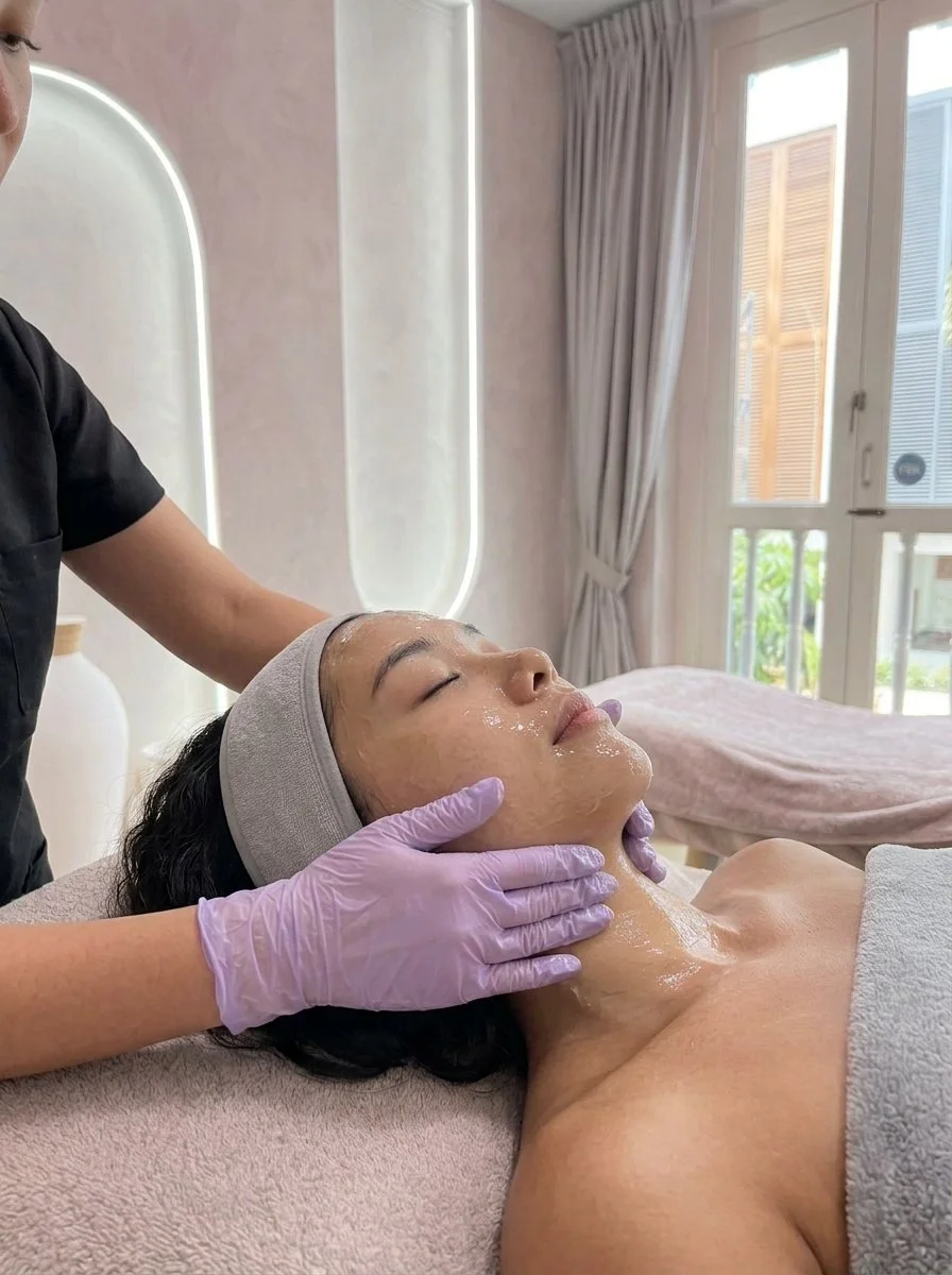 Woman receiving a facial treatment in a spa or skincare clinic, lying on a massage table with her eyes closed, head supported by a headband, and a skincare professional applying a facial mask or treatment.