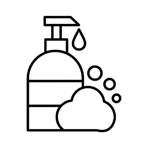 Outline drawing of a pump bottle and a soap or lotion dispenser with water droplets and a cloud.