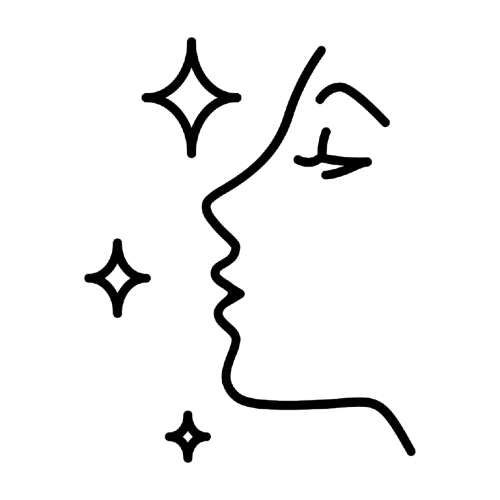 Outline drawing of a human face in profile with stars around it, symbolizing beauty and skincare.