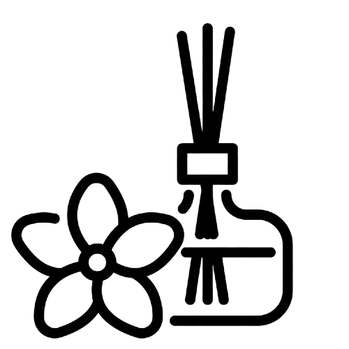 Outlined illustration of a flower, a bottle with a dropper, and three sticks inside the bottle.