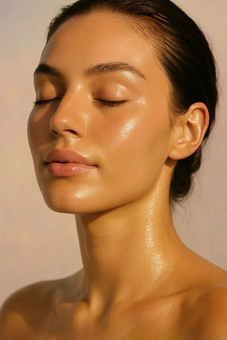 Close-up of a woman with glowing, moisturized skin and closed eyes, showing smooth facial features and a natural expression.