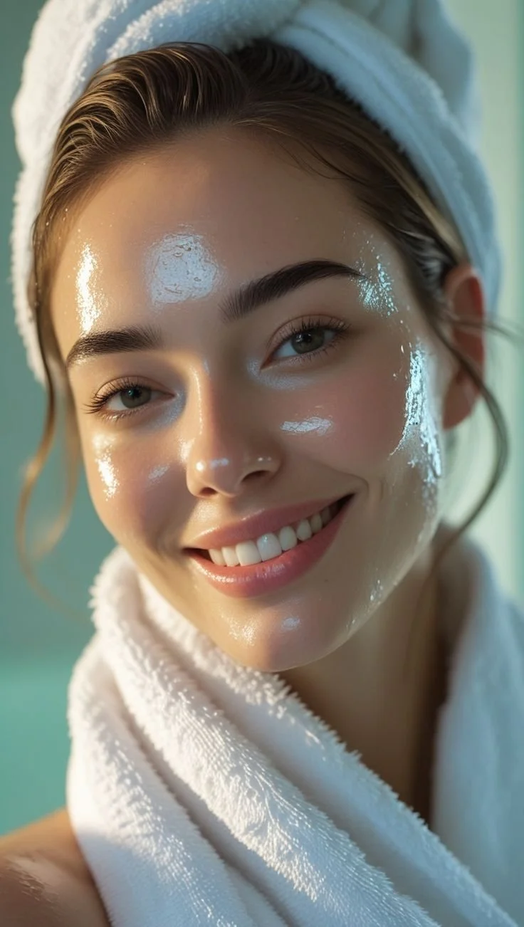 Close-up of a smiling woman with a towel wrapped around her head and a white towel around her neck, with shiny skincare product on her face.