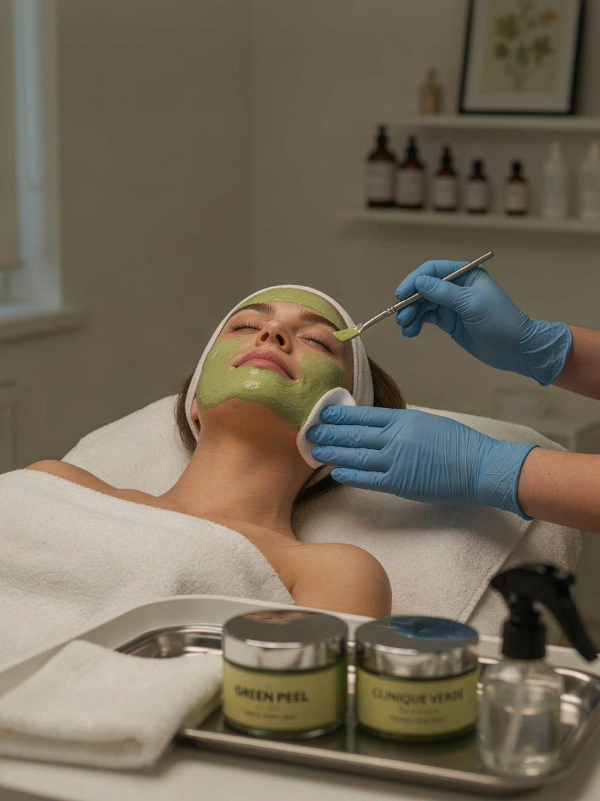 Woman lying on a treatment bed with a facial mask being applied by a person wearing blue gloves in a spa or clinic setting.