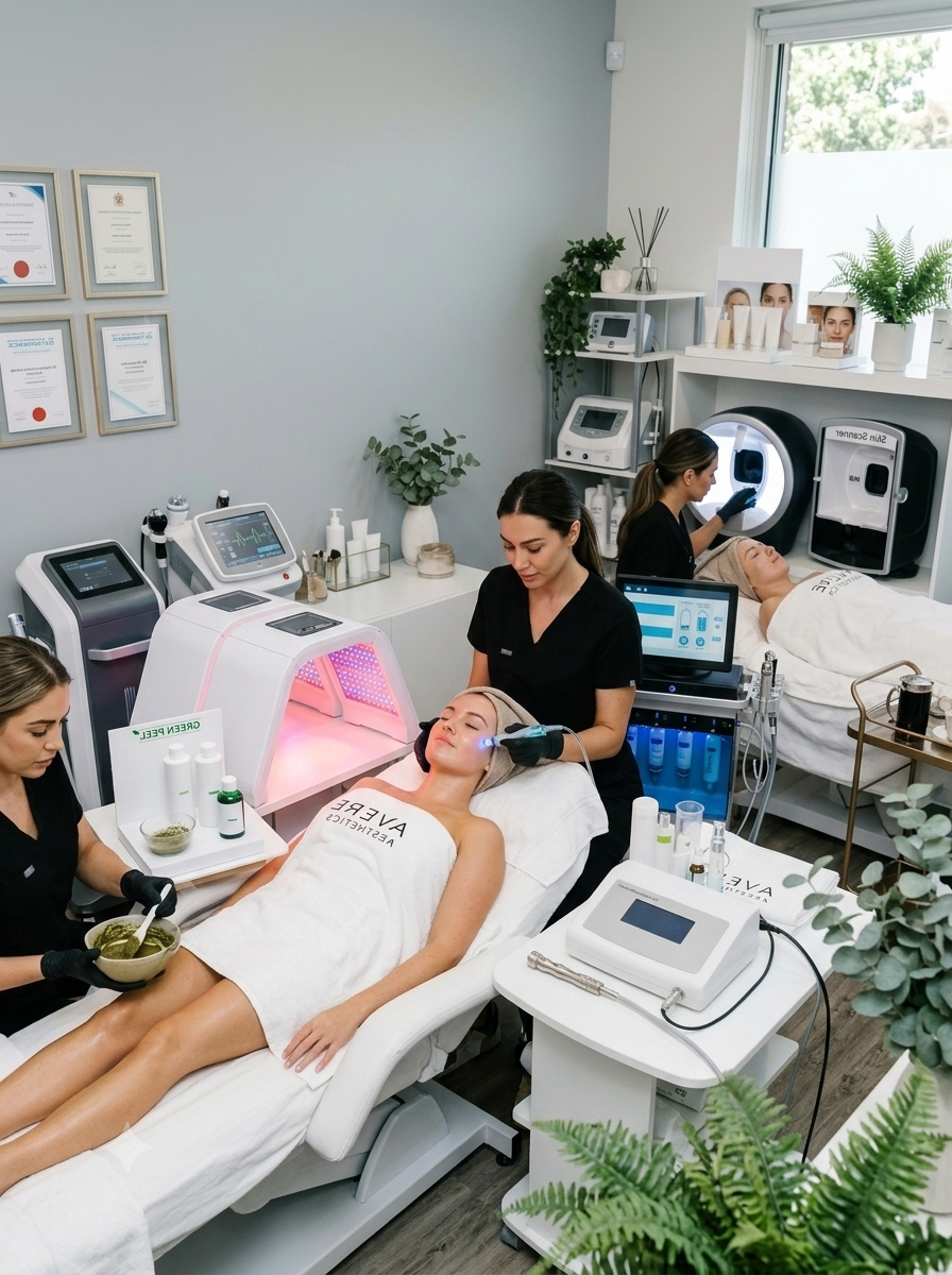 A woman lying on a treatment bed in a spa or medical clinic, receiving skincare treatment from an esthetician using a handheld device. Other staff members are attending to clients in the background, with various skincare devices and certificates on the wall.