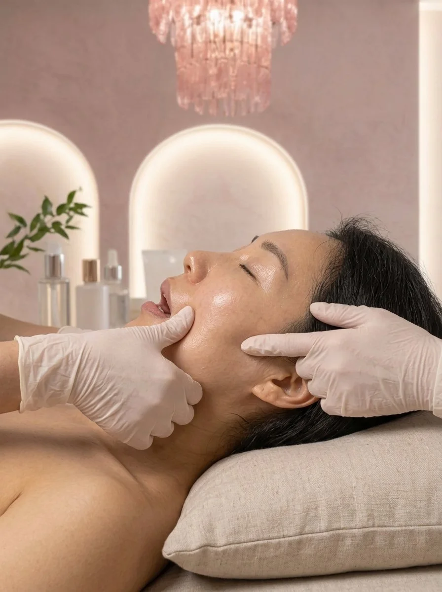 A woman receiving a facial treatment while lying on a treatment bed, with a esthetician in gloves gently massaging her face in a spa or skincare clinic setting.