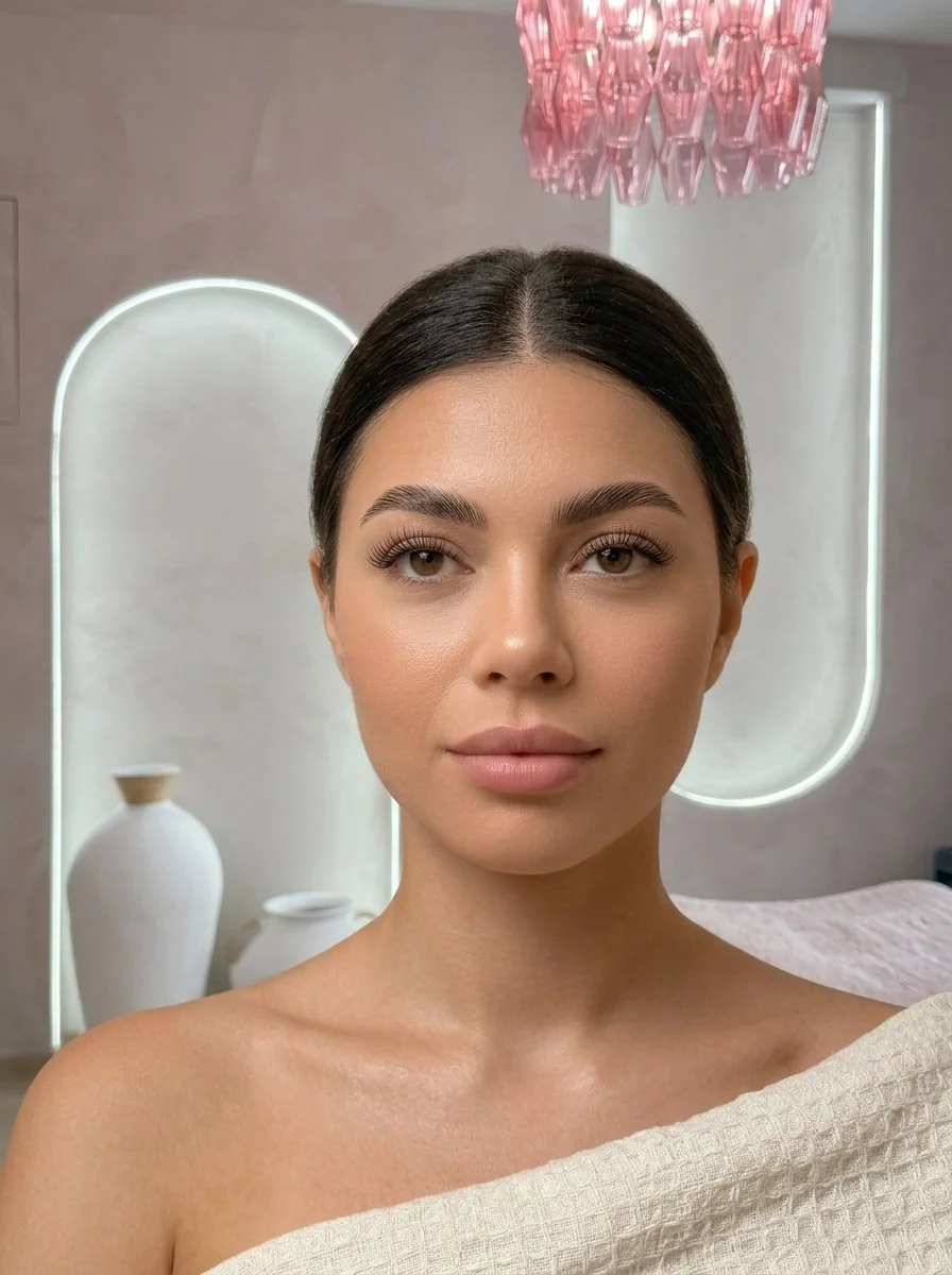 Close-up of a young woman with makeup and dark hair in a bun, standing indoors with modern decor, including a pink chandelier and white vases in the background.