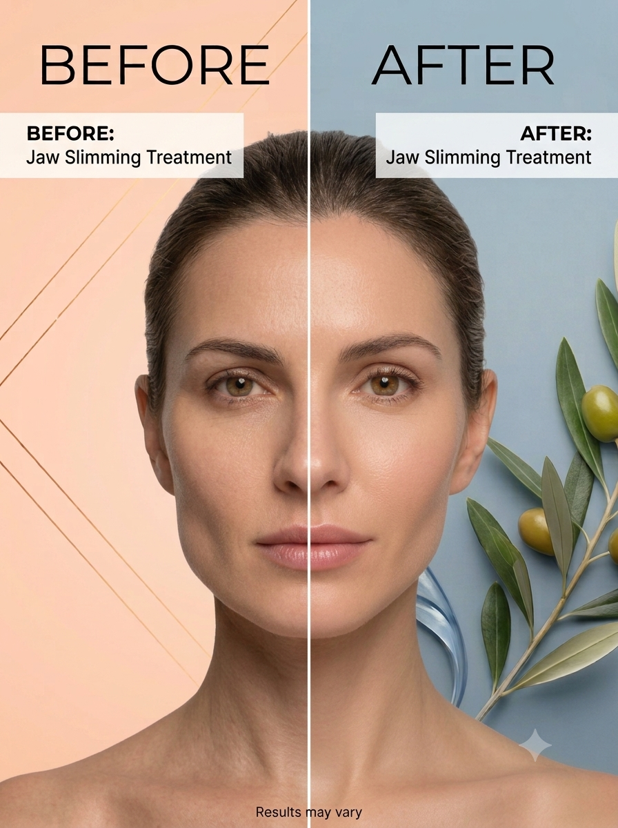 Side-by-side comparison of a woman’s face showing before and after jaw slimming treatment, with text indicating the treatment results, and decorative background elements.