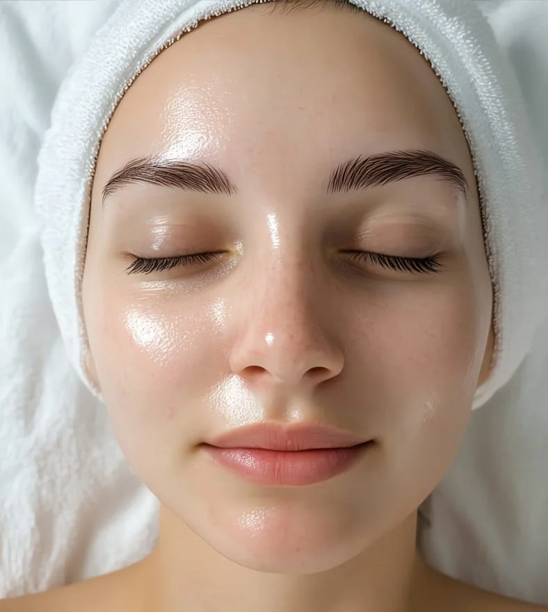 Close-up of a woman with clear, glowing skin lying down with closed eyes, wearing a white headband.