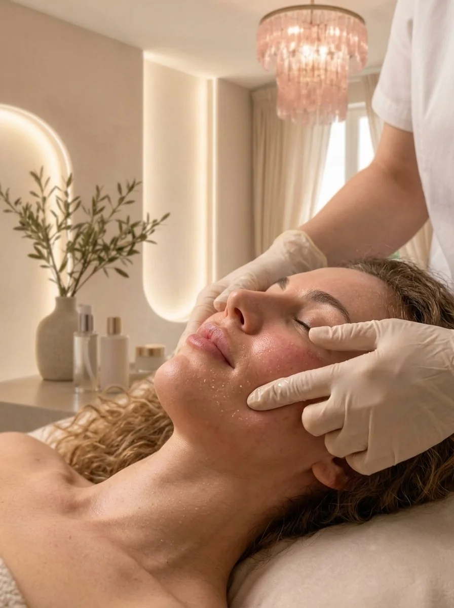 A woman receiving a facial treatment in a spa or skincare clinic, lying down with eyes closed while a professional applies a skincare product or treatment to her face.