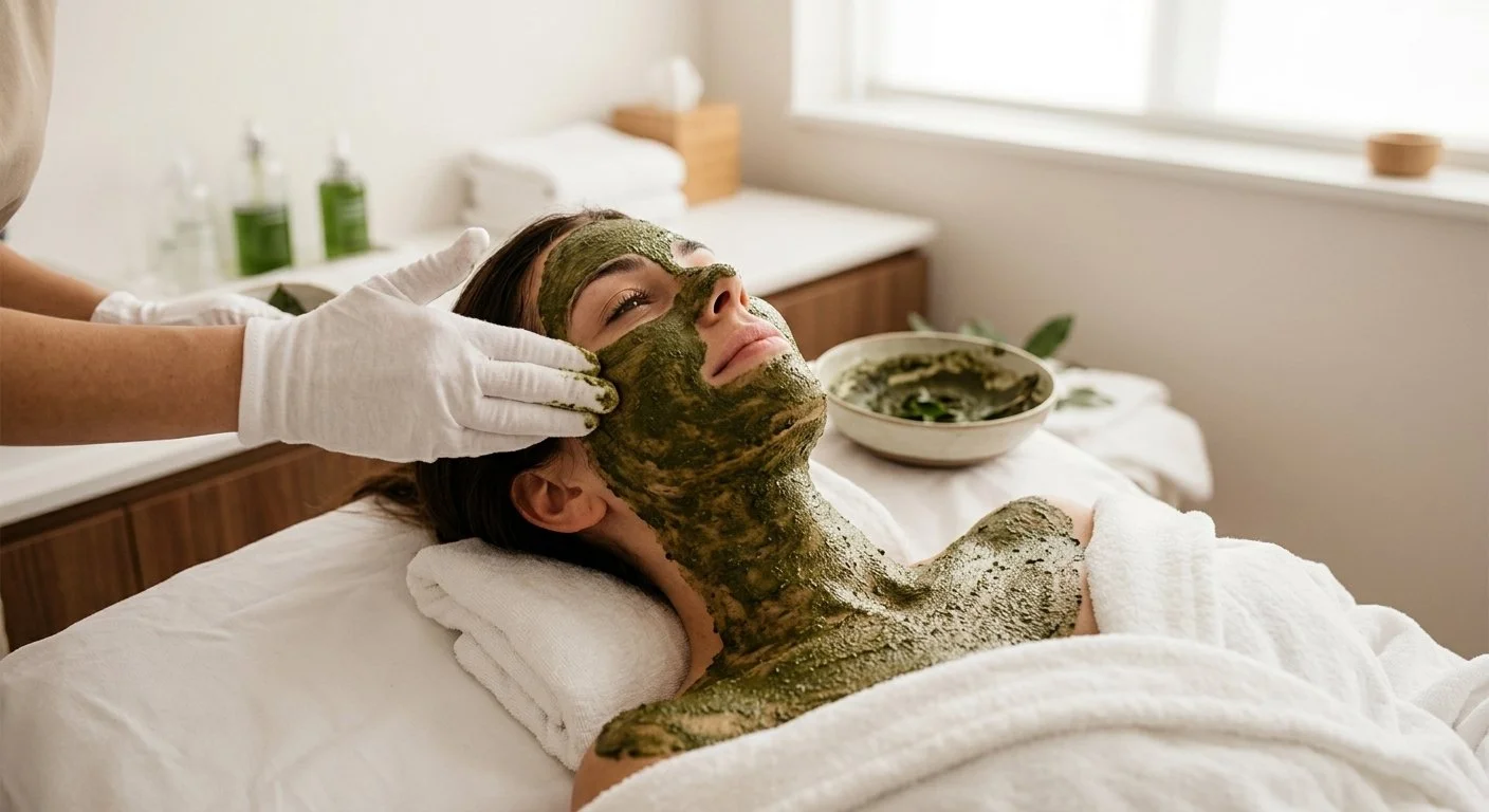 Woman receiving a face and neck mud facial treatment in a spa clinic