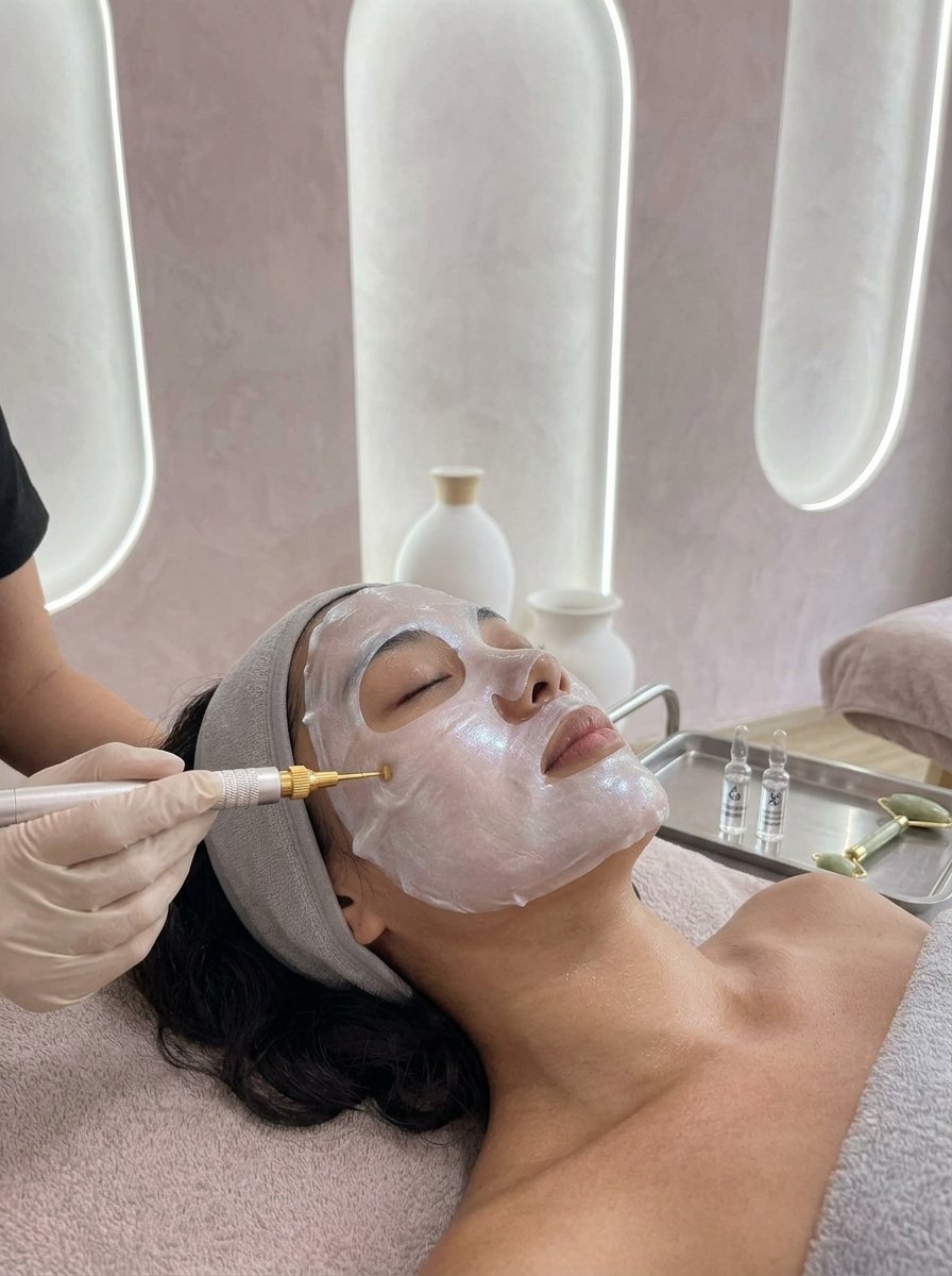 A woman lying on a treatment bed with a facial mask being applied by a skincare professional, in a spa or skincare clinic setting.
