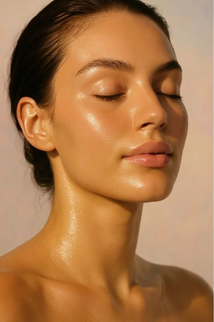 Close-up of a woman with smooth, glowing skin and closed eyes, with wet hair.