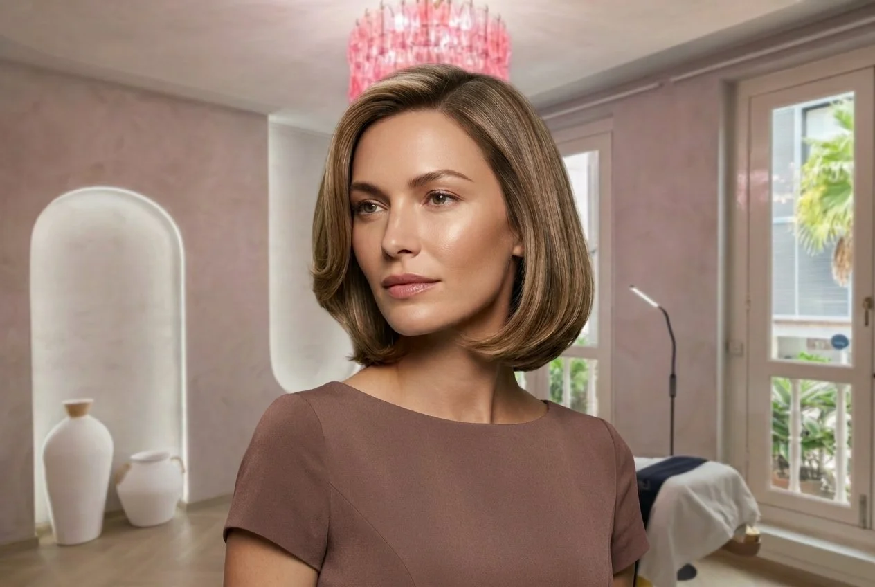 A woman with shoulder-length brown hair in a modern living room with large windows, light-colored walls, and decorative vases.