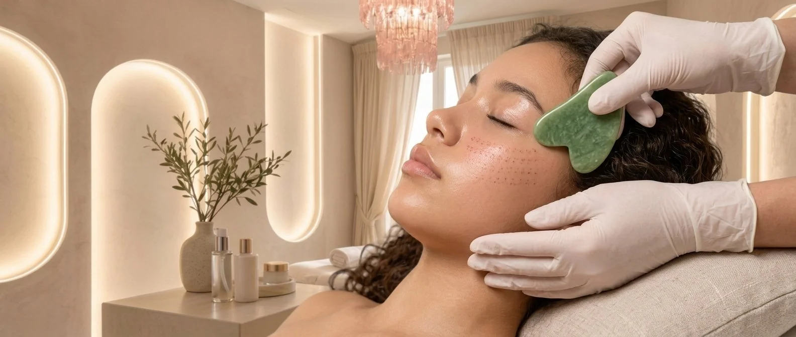 A woman receives a jade roller facial massage in a therapies room with soft lighting, beige walls, and decorative elements like a flower vase and skincare bottles.