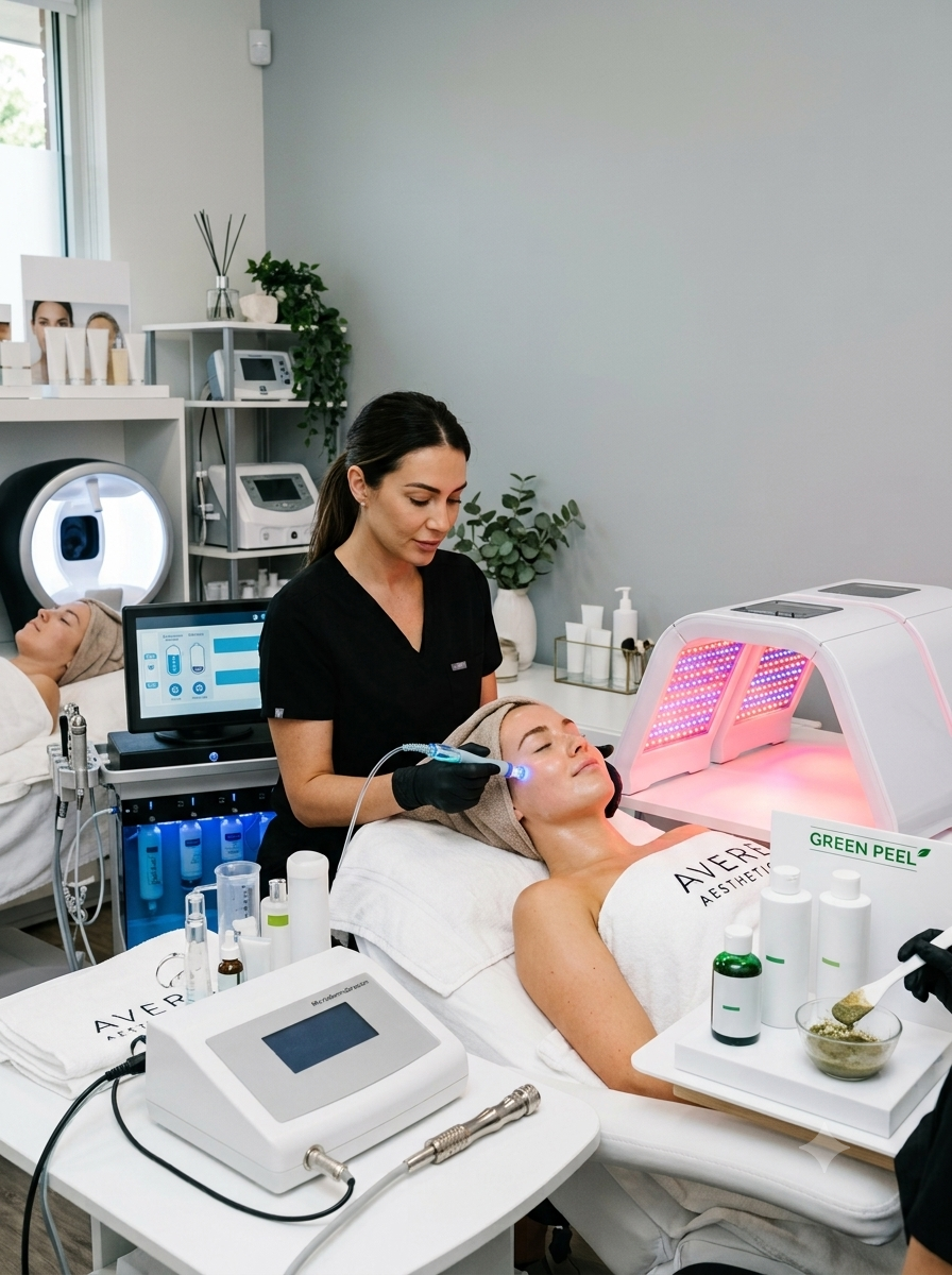A woman receives a facial treatment in a skincare clinic, lying on a bed with a towel, while a skincare technician uses a blue LED light therapy device on her face, with various skincare products and equipment around.